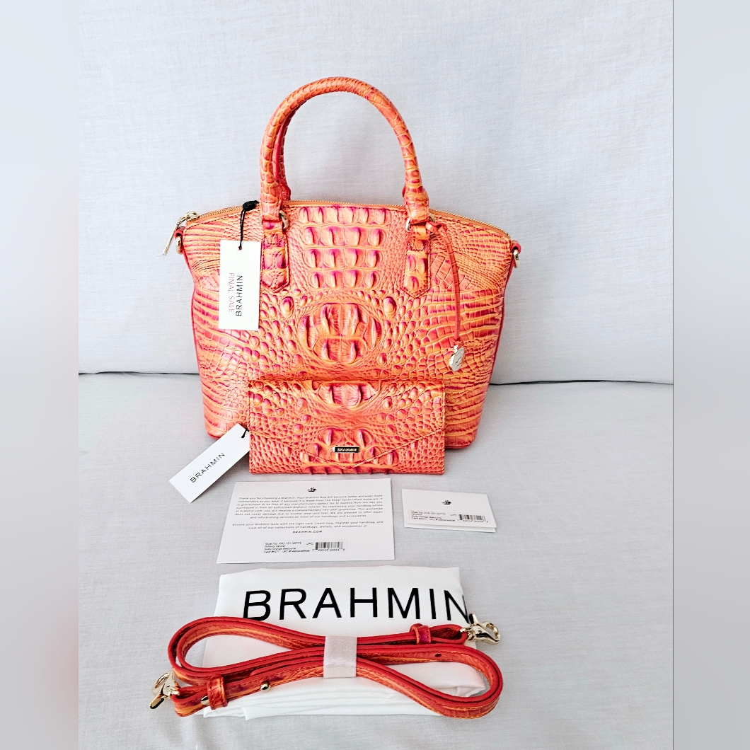 Brahmin Orange-Pink Croc-Embossed Satchel With Matching Wallet